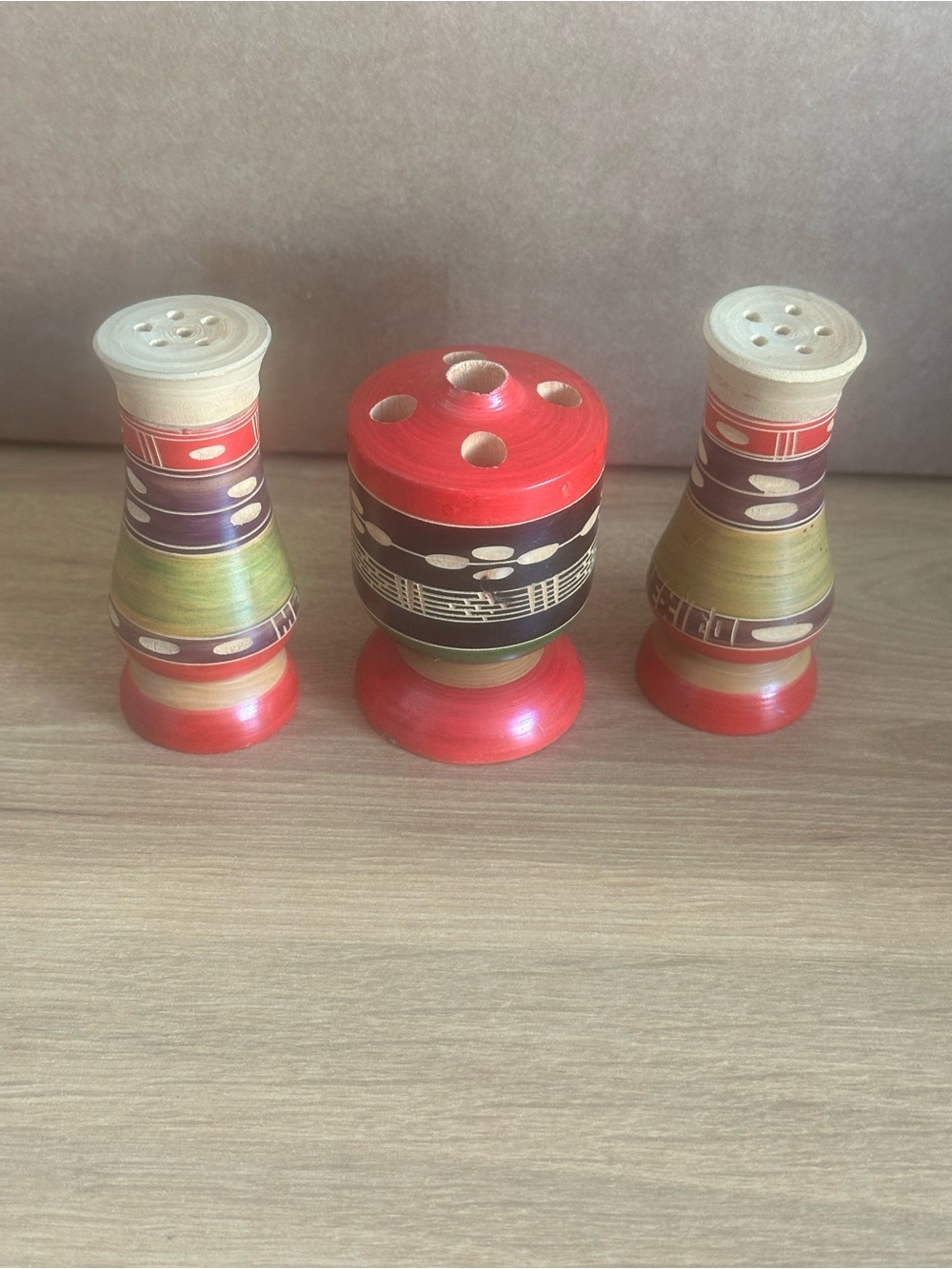 Vintage Wooden Salt Pepper Shakers & Toothpick Holder MCM 3 Piece Set